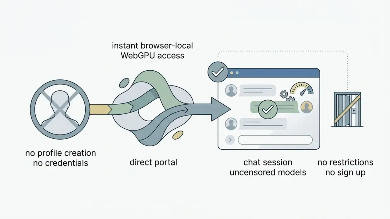 Flowchart showing direct browser access to uncensored chat models without user profiles or credentials