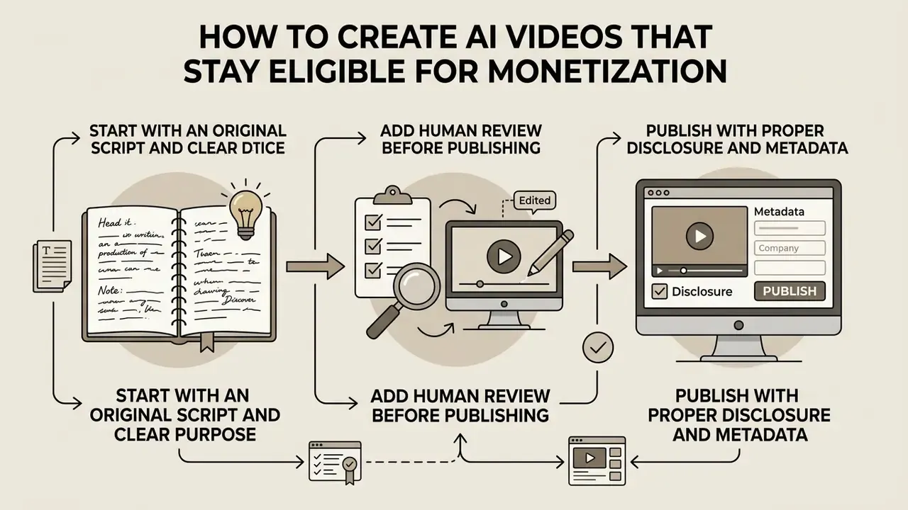 Three step process for creating AI videos with human oversight to ensure can ai generated videos be monetized