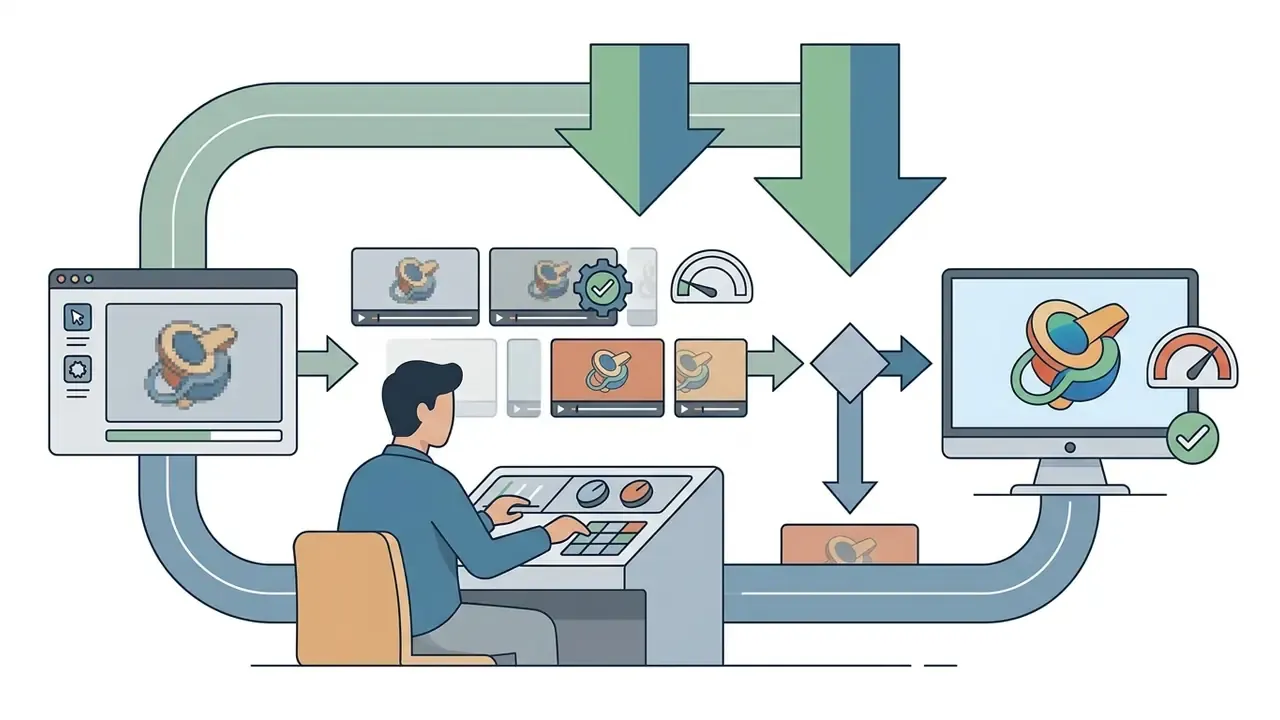 Person at a control console refining low resolution video drafts into a high resolution final output