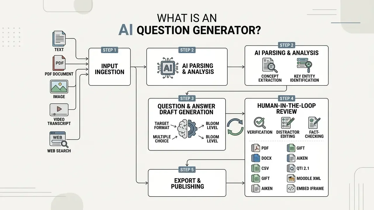 Flowchart showing the five steps of an AI question generator from input ingestion to final export