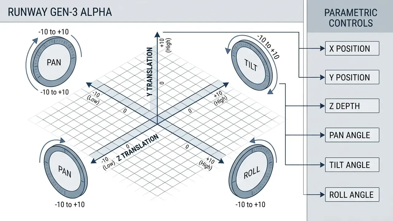 Coordinate system showing X, Y, and Z translation axes alongside rotational dials for camera movement