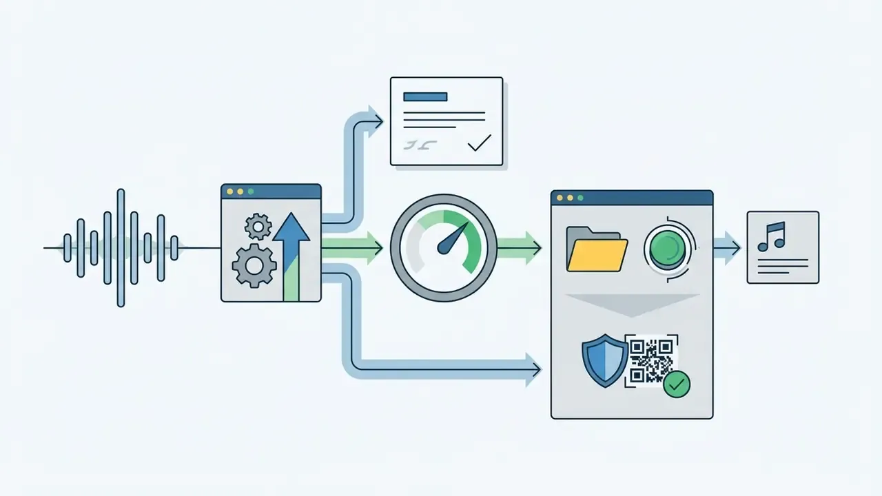 Audio waveform processing through gears and a gauge into a secure file export with metadata