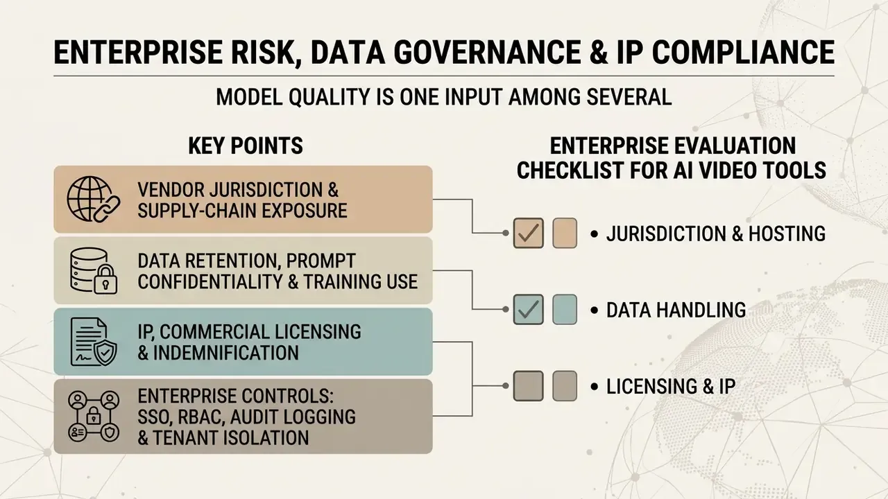 Summary of risk factors including data security and licensing mapped to an enterprise evaluation checklist