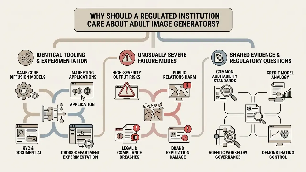 Infographic outlining three reasons regulated institutions should monitor rule 34 ai art and image models