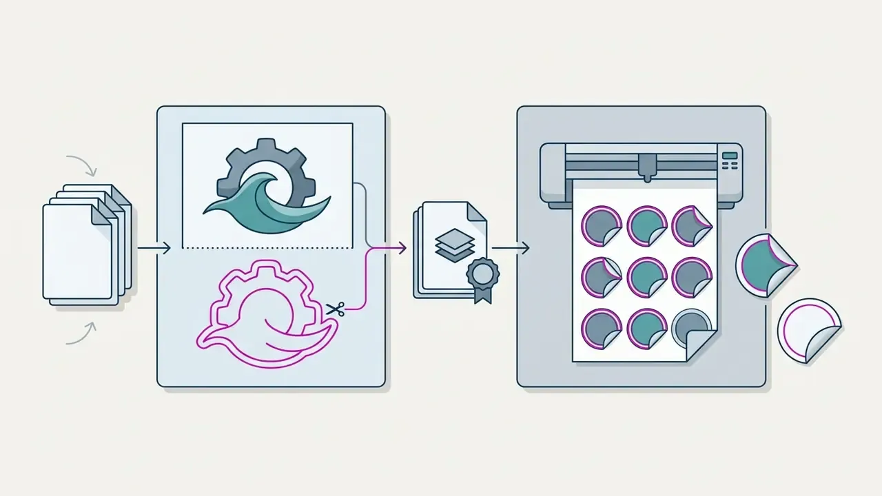 Digital files being prepared with cut paths and printed as adhesive sticker sheets