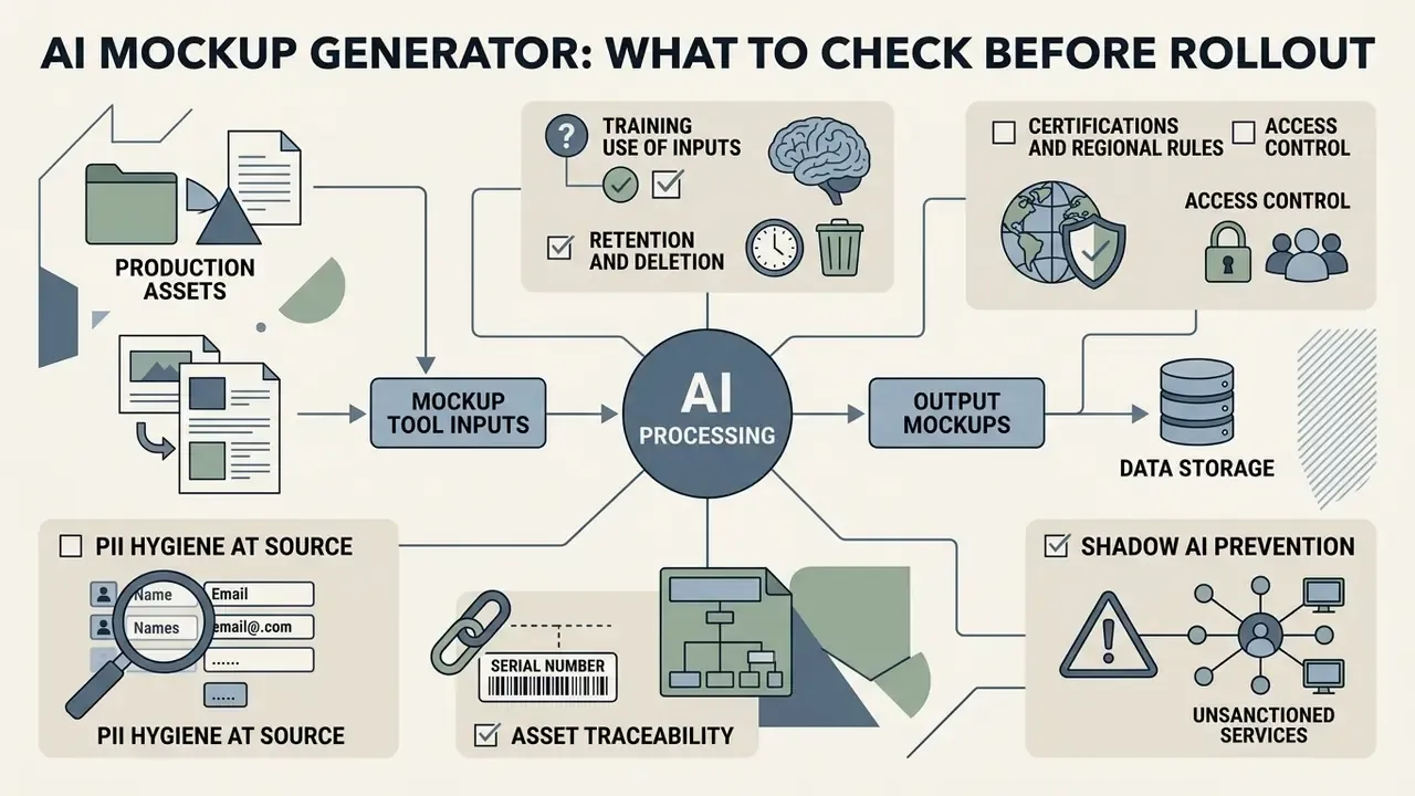 Flowchart outlining security considerations for integrating an AI mockup generator into production workflows