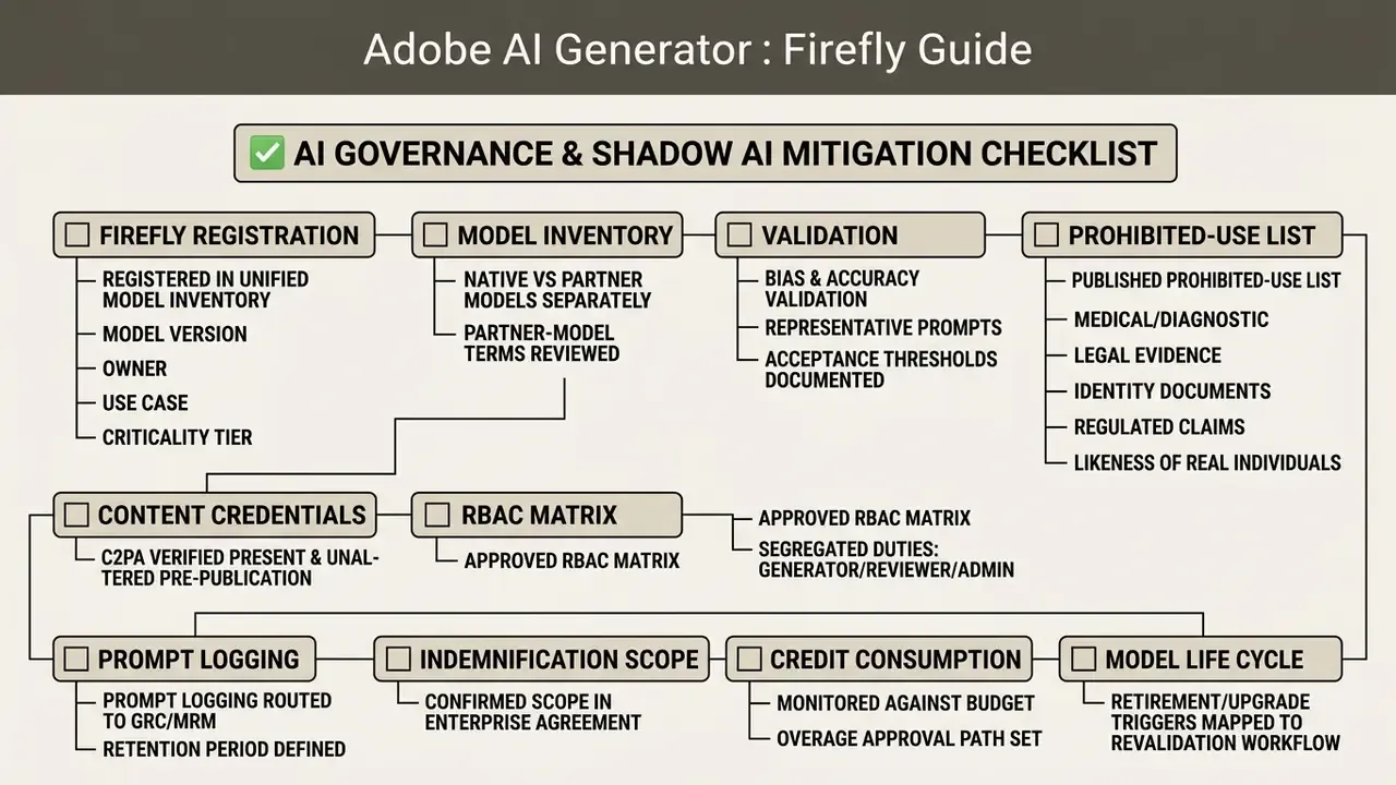 Flowchart outlining governance steps including model registration, validation, and prohibited use lists