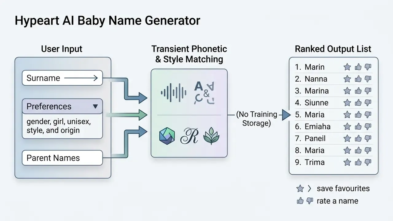 Diagram showing user inputs flowing through a matching engine to produce a ranked list of baby names