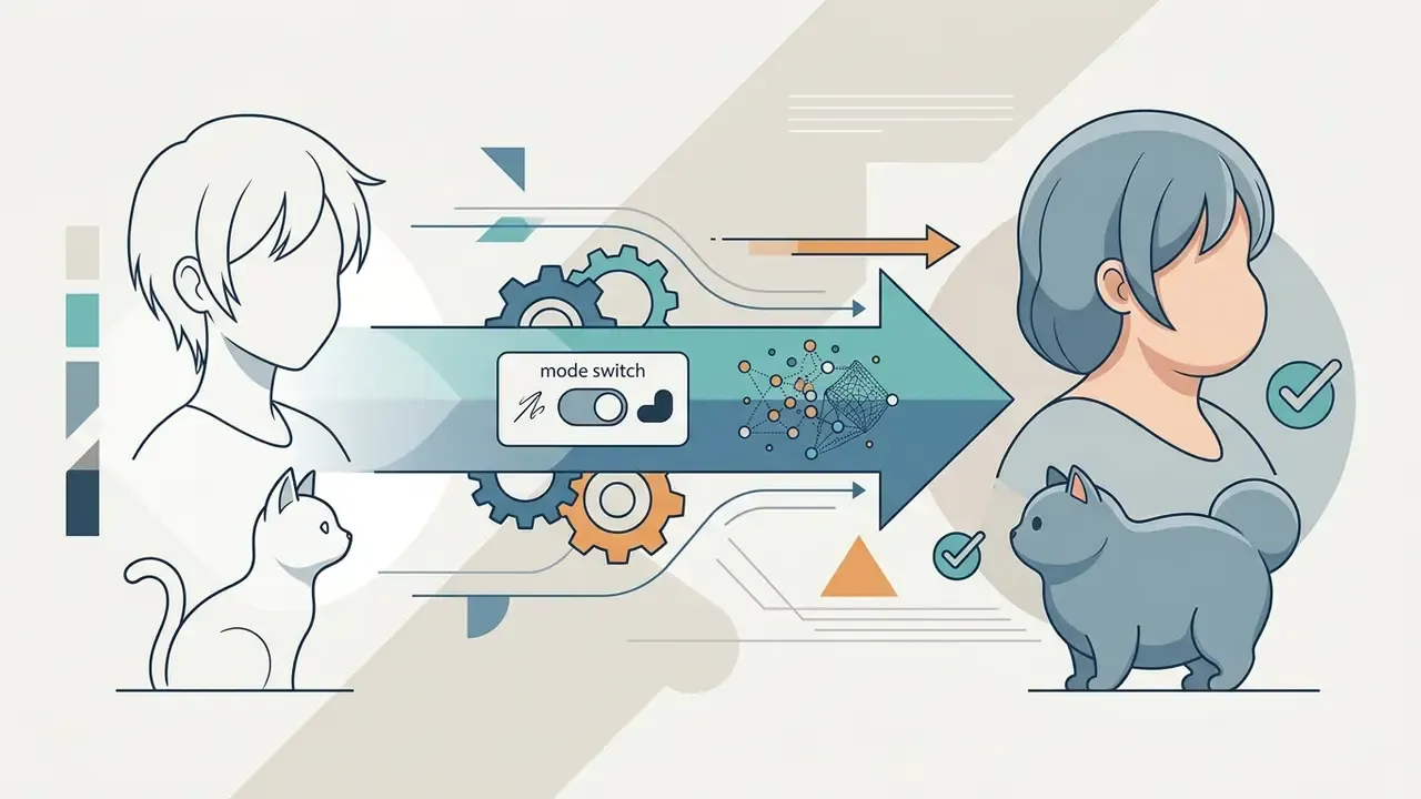 Anime character and cat line art transforming into rounded versions via a model mode switch