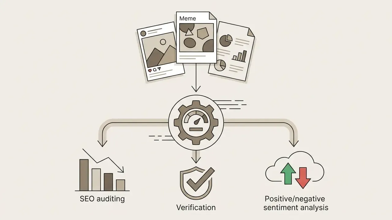 Social media graphics and memes feeding into a mechanical gear processor for SEO and sentiment analysis