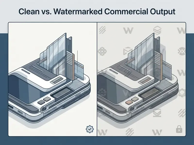 Side-by-side view of an isometric building render showing a clean version versus one with repeating watermarks