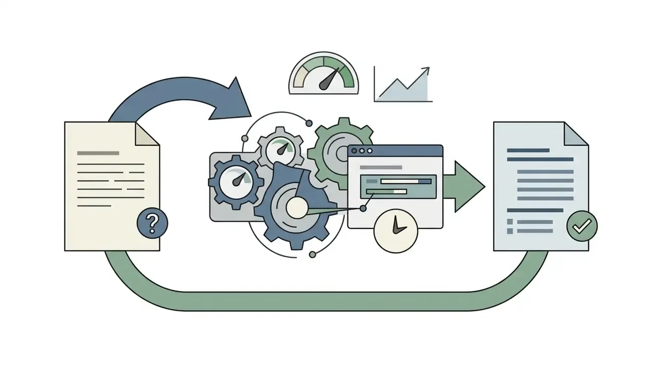 Document with a question mark looping through gears and a processor to emerge as a finalized text file