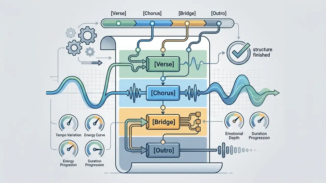 Flowchart mapping song sections like verse and chorus to adjustable tempo, energy, and duration parameters