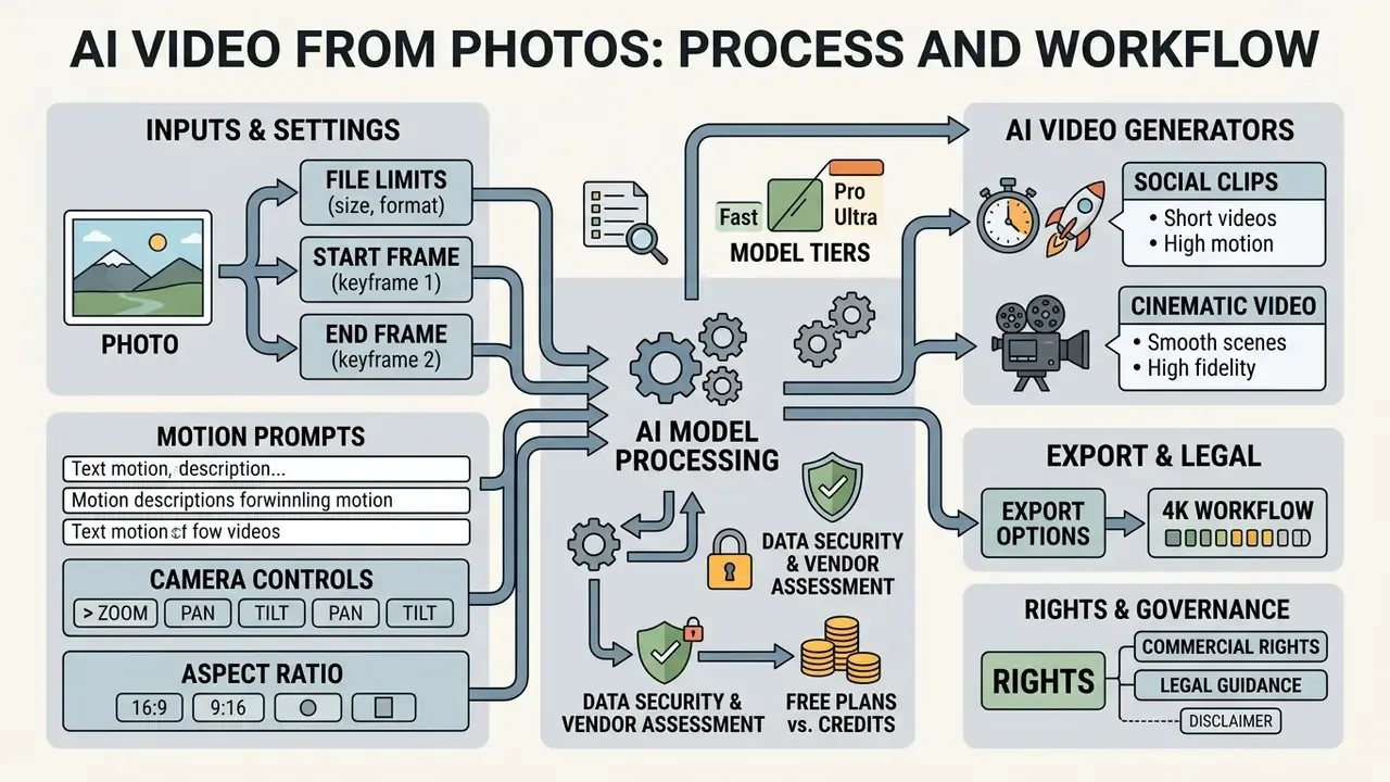 Flowchart detailing the technical steps, model tiers, and legal considerations for AI video generation