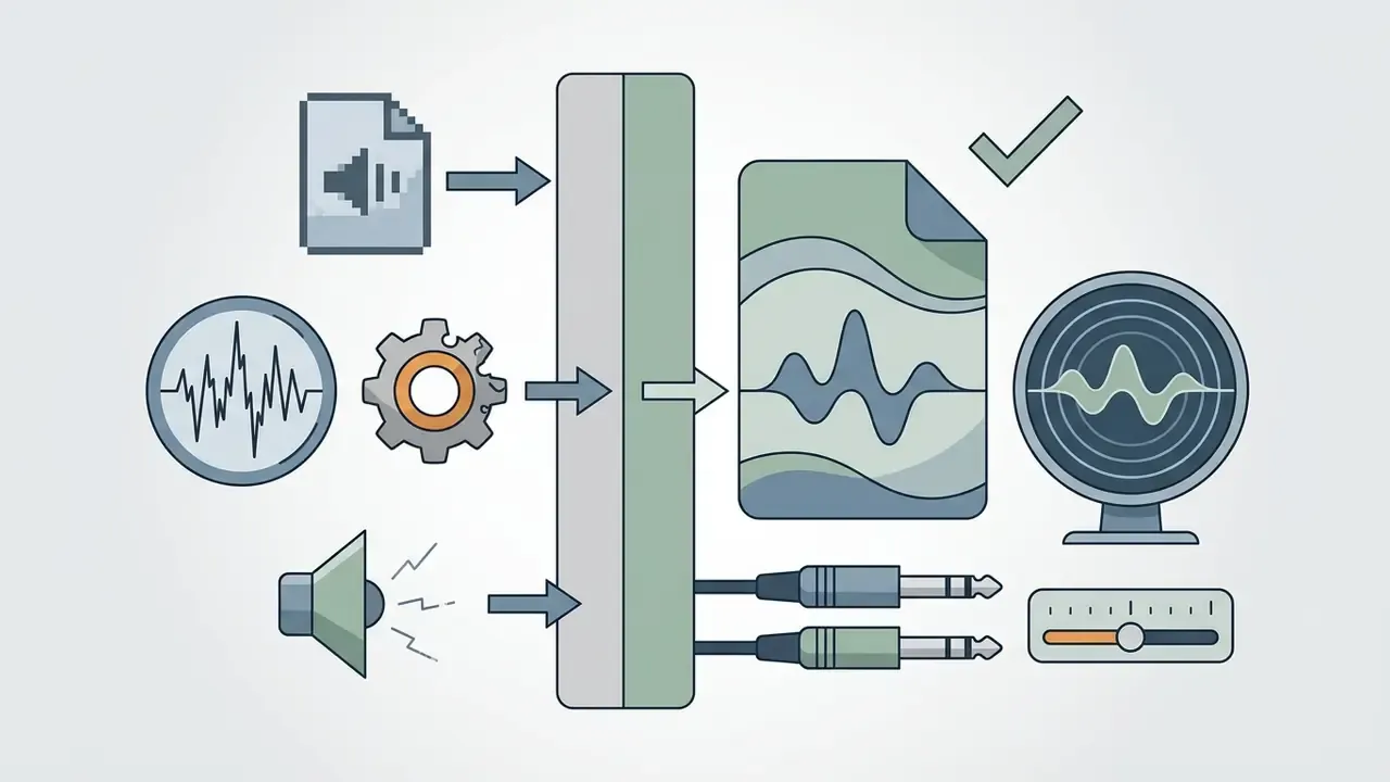 Audio files and sound icons feeding into a processing unit to generate clean waveforms and output cables