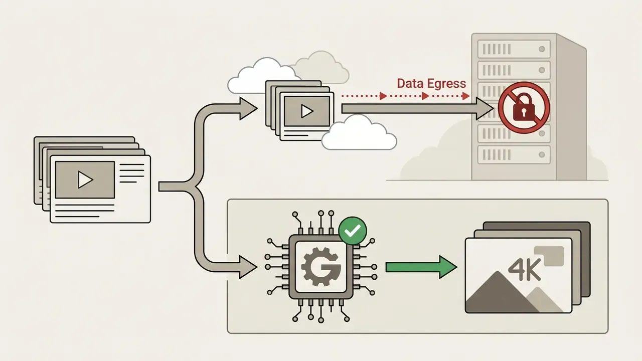 Visual representation of cloud-based data egress versus local processing for video quality enhancement