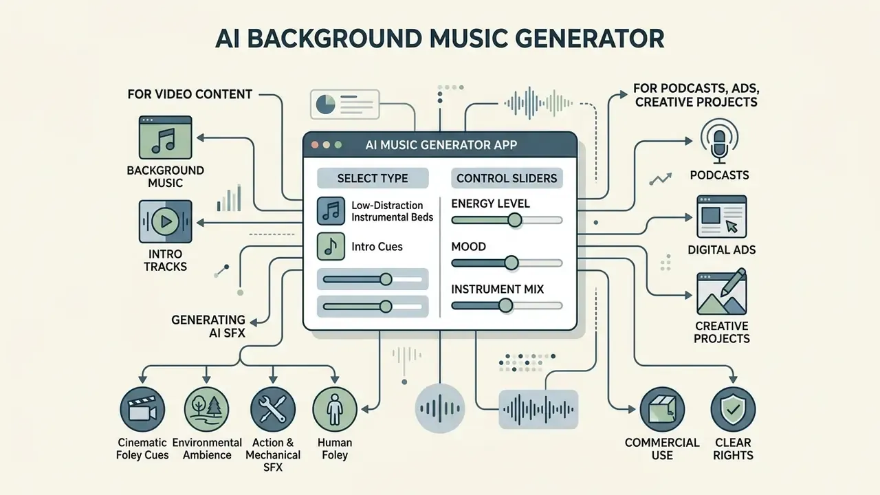 Central interface for an AI music generator app showing various output options for creators