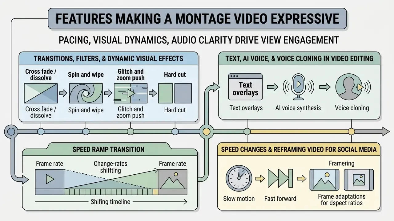 Infographic displaying video editing techniques like transitions, AI voice tools, and speed adjustments