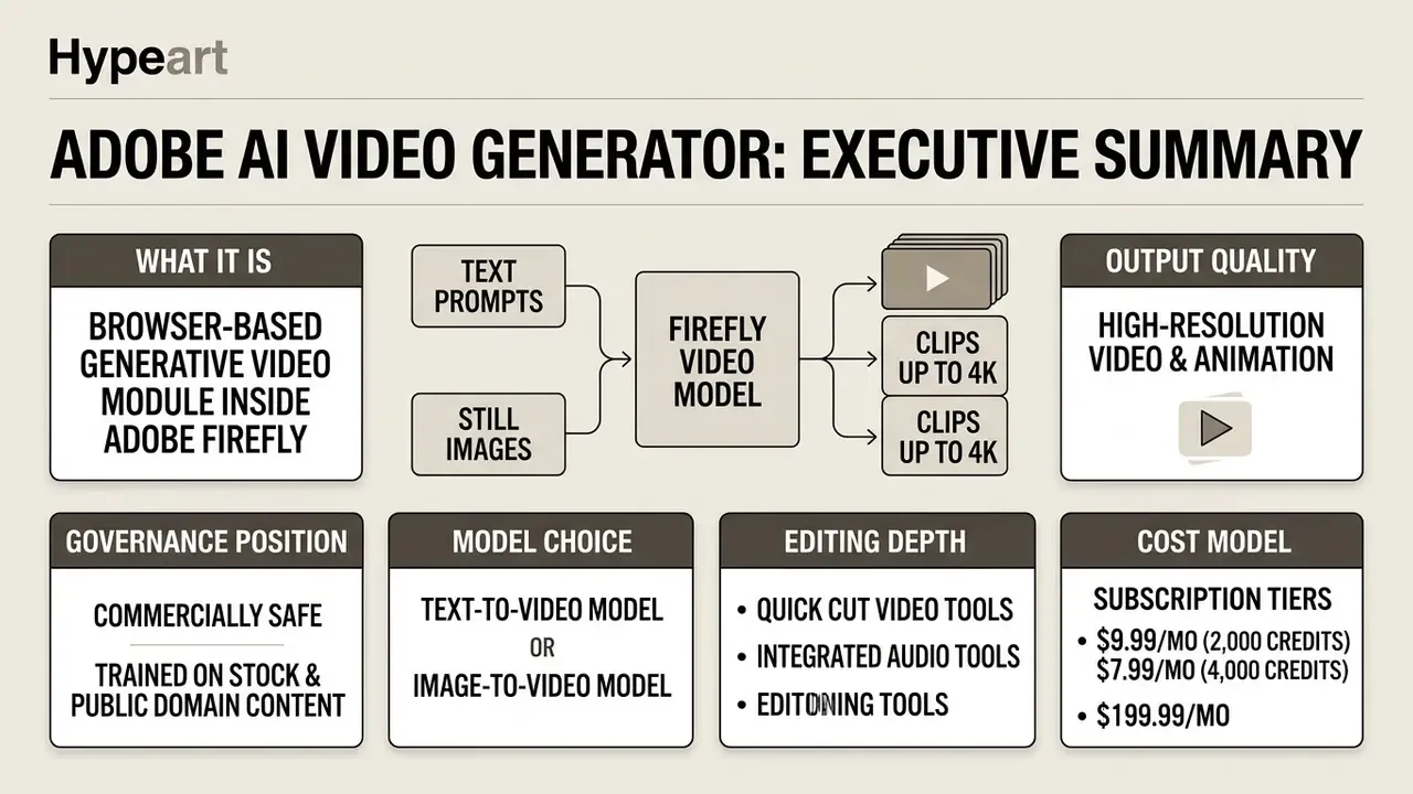 Infographic summarizing the Adobe AI video generator features, model inputs, output quality, and costs
