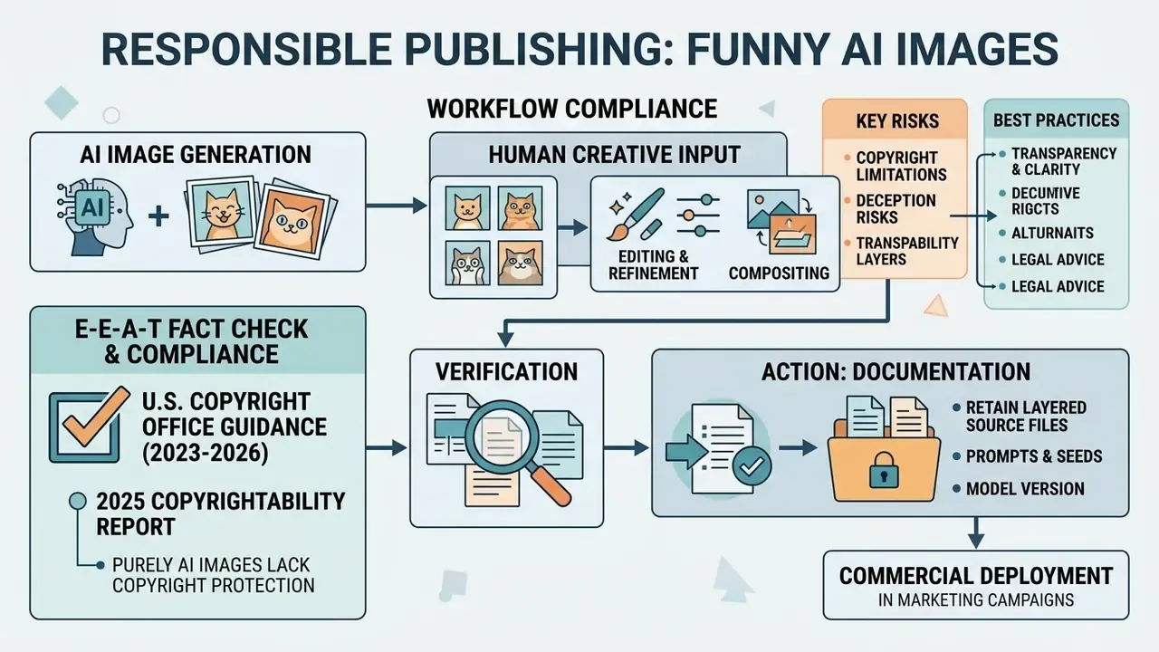 Workflow showing human creative input, compliance steps, and documentation for AI generated content