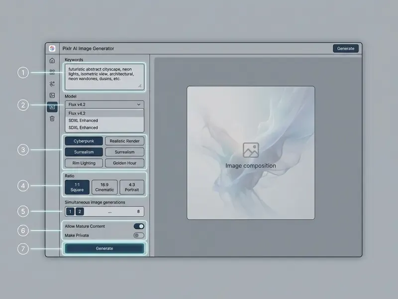 Numbered interface overlay highlighting prompt fields, model selectors, and generation settings