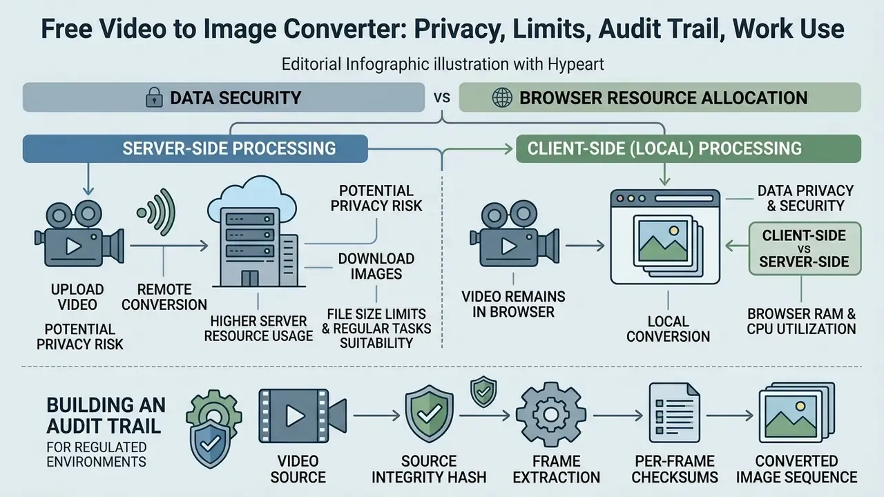 Comparison flowchart of server-side versus client-side processing and audit trail workflow for media files
