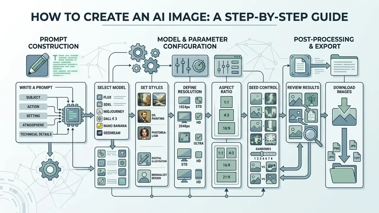 Infographic showing the workflow of free generative AI from prompt writing to final file export
