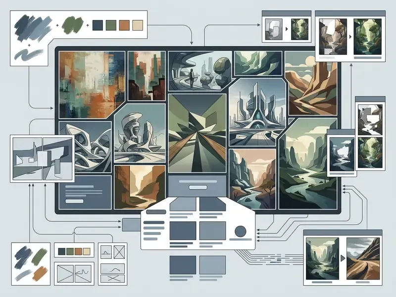 Collage of digital landscape sketches connected by lines to color palettes and editing interface elements