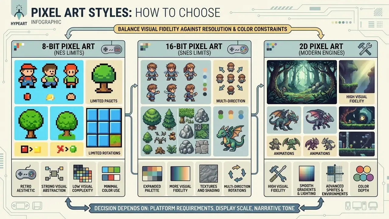 Infographic comparing 8-bit, 16-bit, and 2D pixel art styles based on fidelity and technical constraints