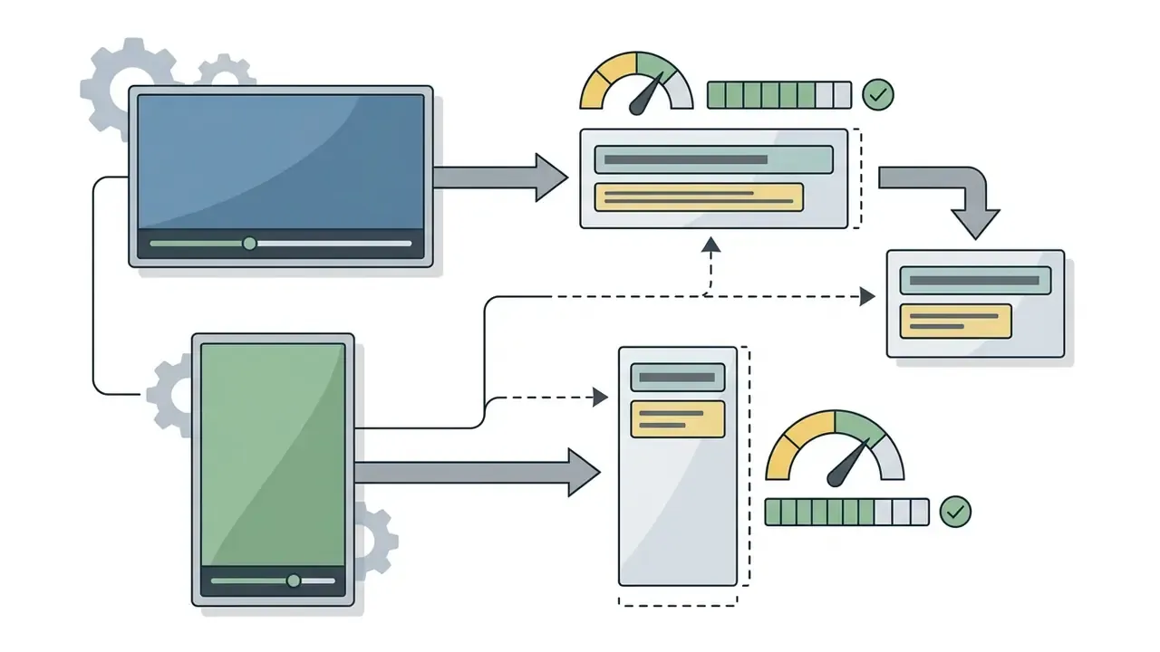 Horizontal and vertical video players feeding into status monitors with speed gauges and progress bars