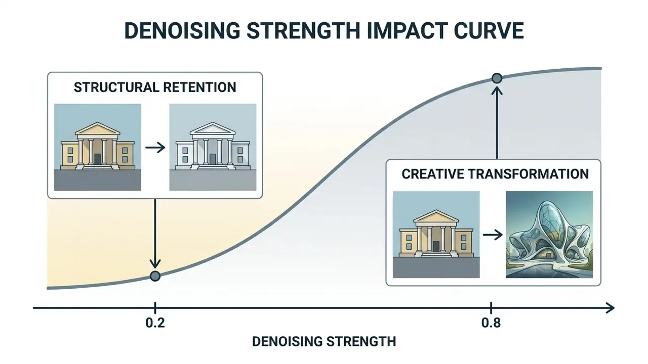 Graph showing structural retention at 0.2 denoising strength versus creative transformation at 0.8