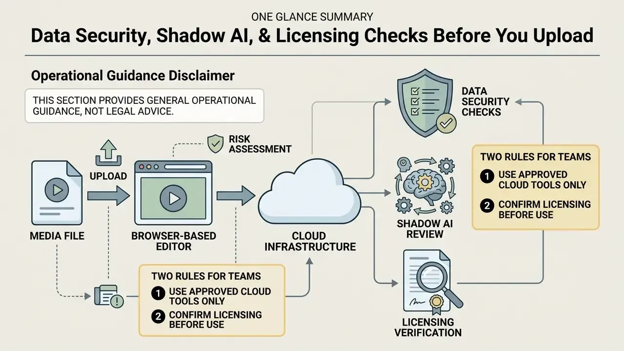 Flowchart showing media file upload to cloud infrastructure with security and licensing verification steps