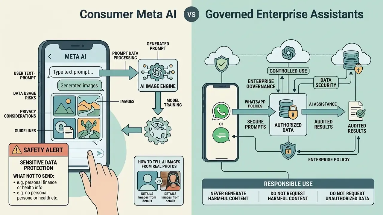 Comparison of consumer AI data processing risks versus governed enterprise assistant workflows