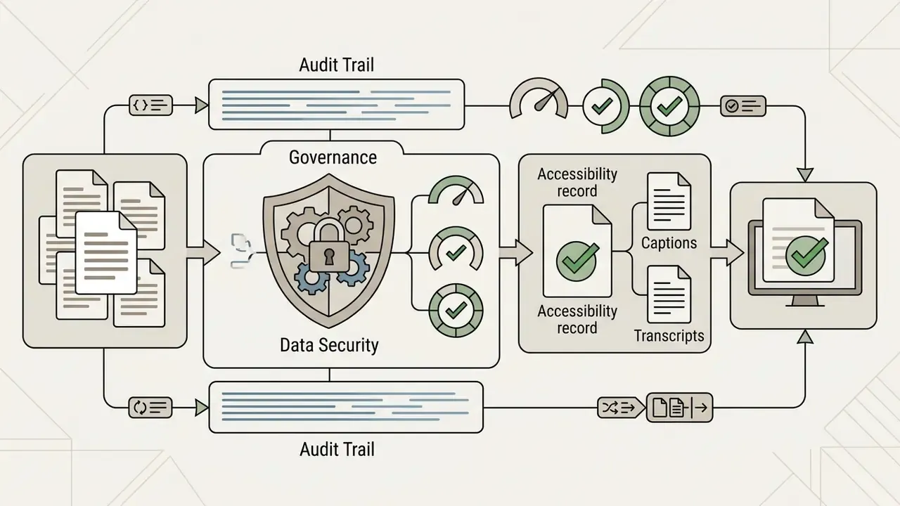 Documents moving through a governance shield and accessibility check process to reach a final digital output