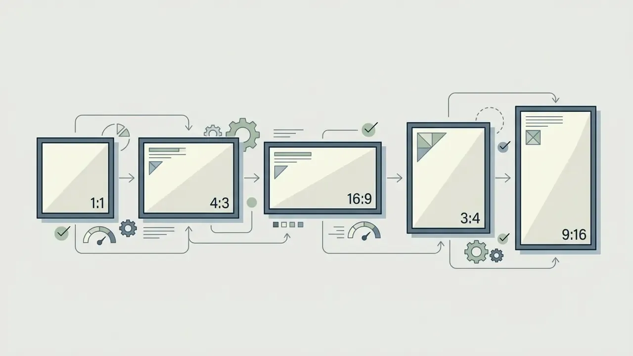Five rectangular frames in different aspect ratios connected by lines and icons to show image scaling