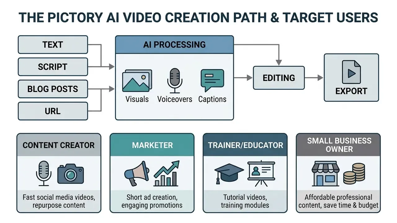 Diagram mapping text and media inputs through AI processing to video export for various user roles