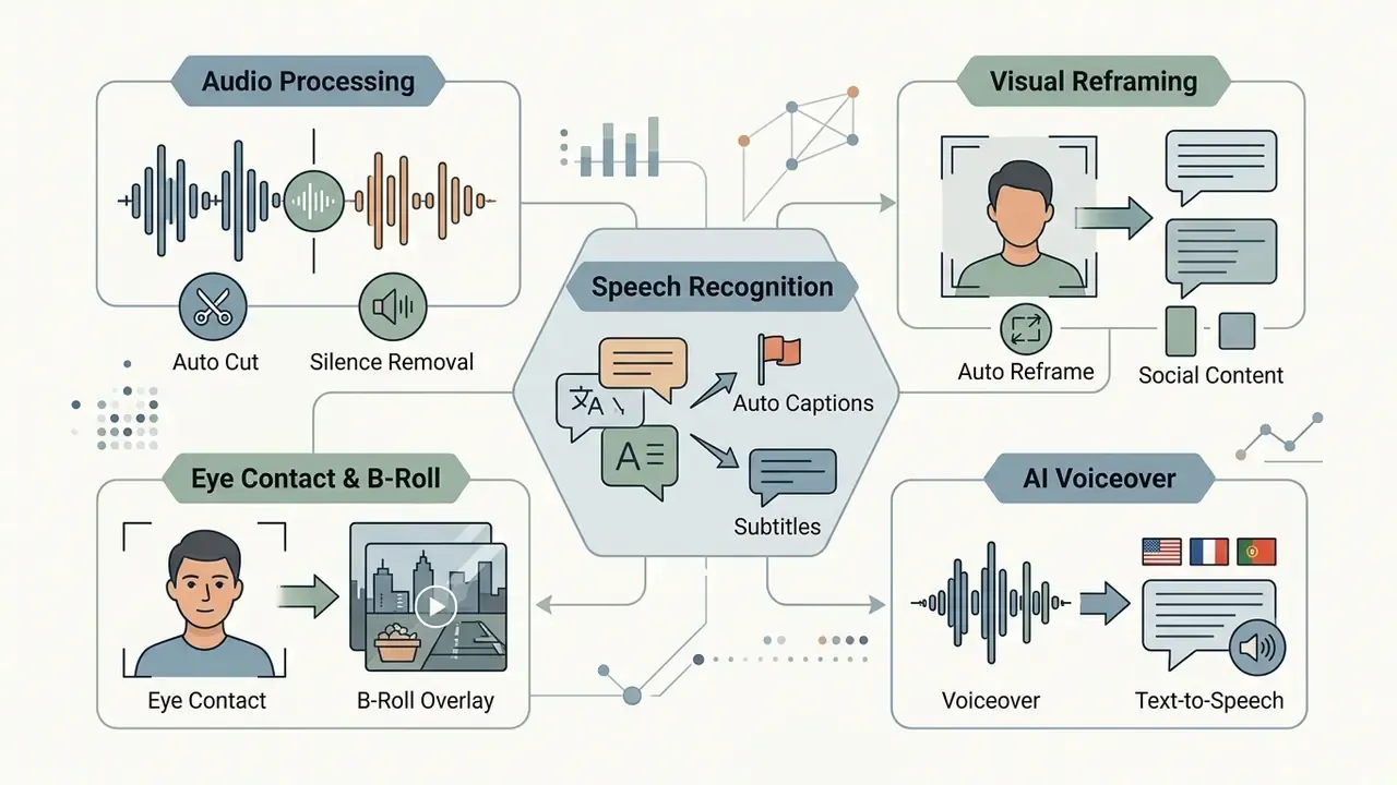 Infographic showing five key AI automatic video editing capabilities including audio and visual tools