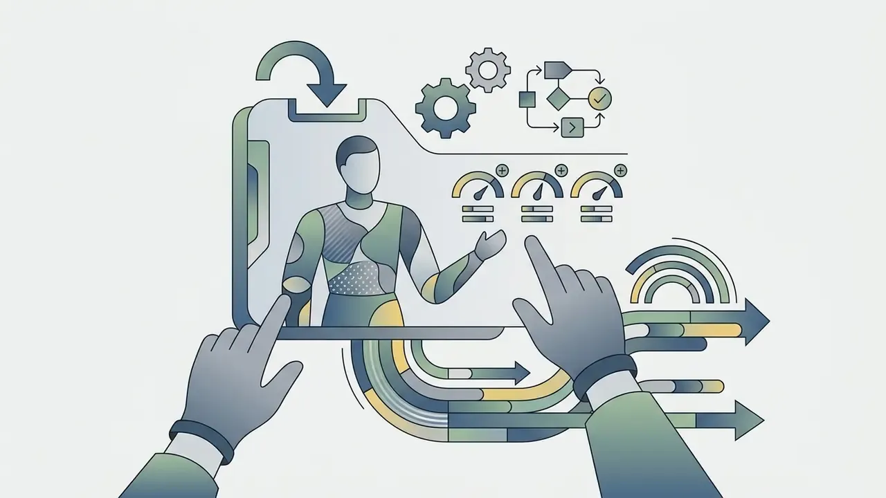 Hands interacting with a digital interface showing a virtual avatar and performance gauges