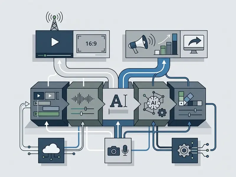 Central AI hub connecting media input sources to video editing, audio processing, and marketing output tools