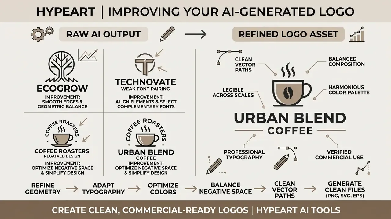 Comparative matrix showing raw AI logo outputs alongside a refined and balanced professional logo asset