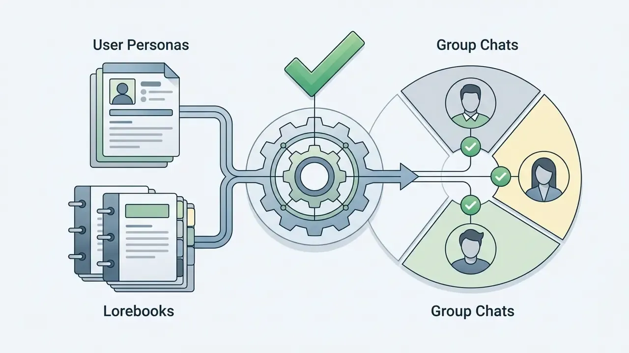 User personas and lorebooks feeding into a central gear mechanism that distributes data to group chat members