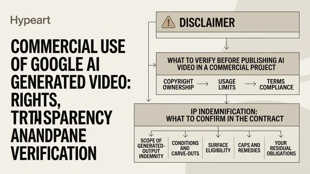 Flowchart outlining verification steps for commercializing AI video content and contract requirements