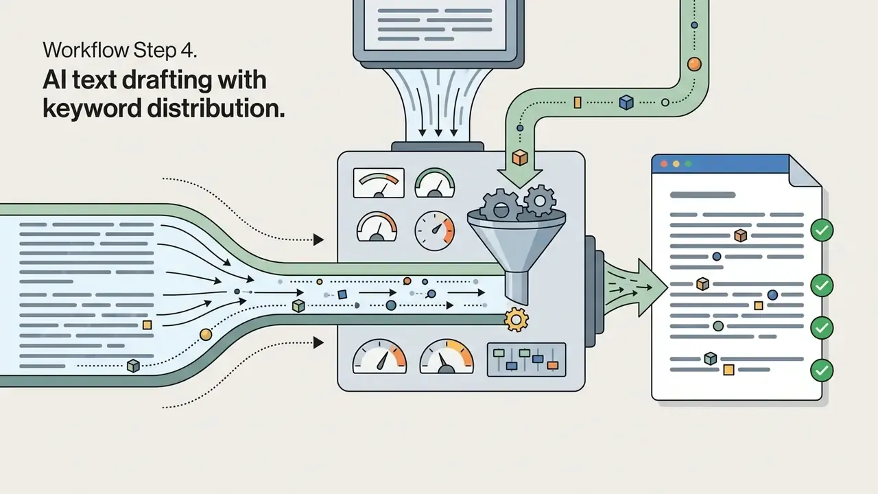 Text and keyword data flowing into a central processing machine to create a structured document
