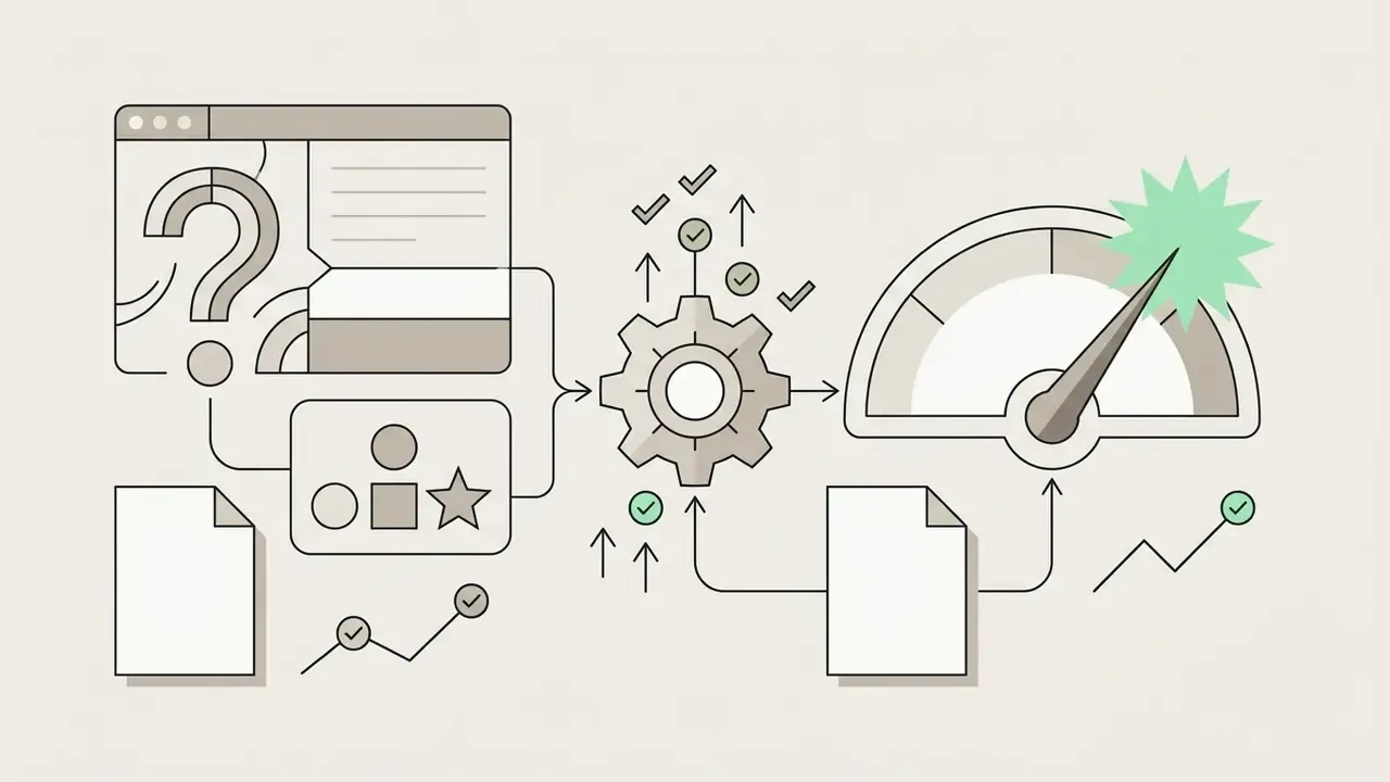 Question prompts and shapes flowing through a gear mechanism to a speed gauge for optimized output