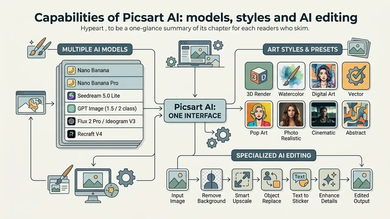 Diagram showing generative models, art styles, and editing tools integrated into a single platform