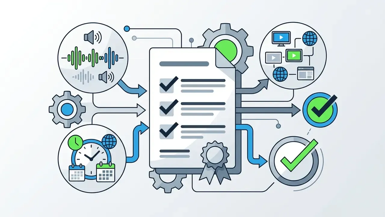 Checklist document with a seal connected to audio waves, time icons, and digital media symbols