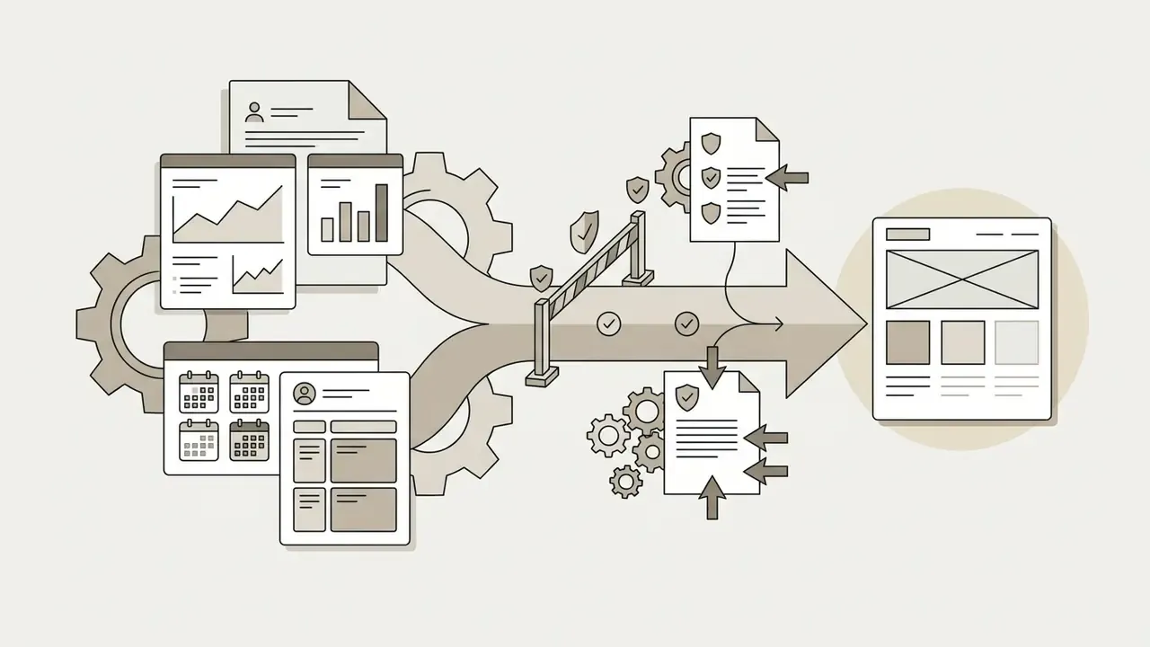 Documents and data charts passing through gears and a security barrier to form a structured UI wireframe
