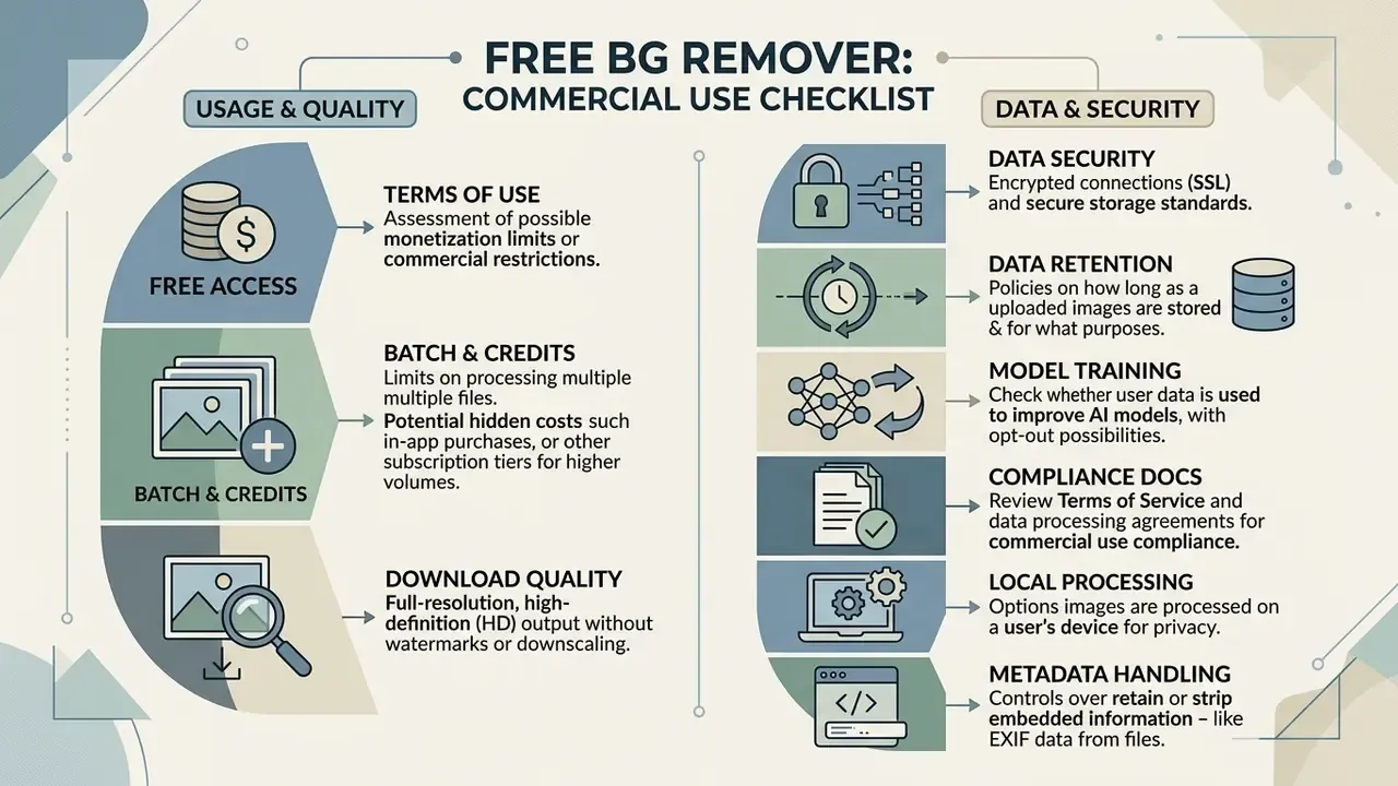 Checklist for commercial use of a free BG remover covering usage terms, quality, and data security