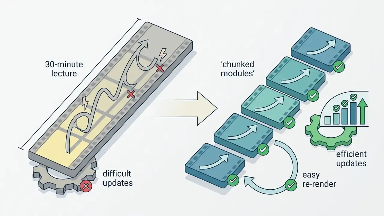 Visual showing the transition from a long video lecture to smaller chunked modules for easier updates