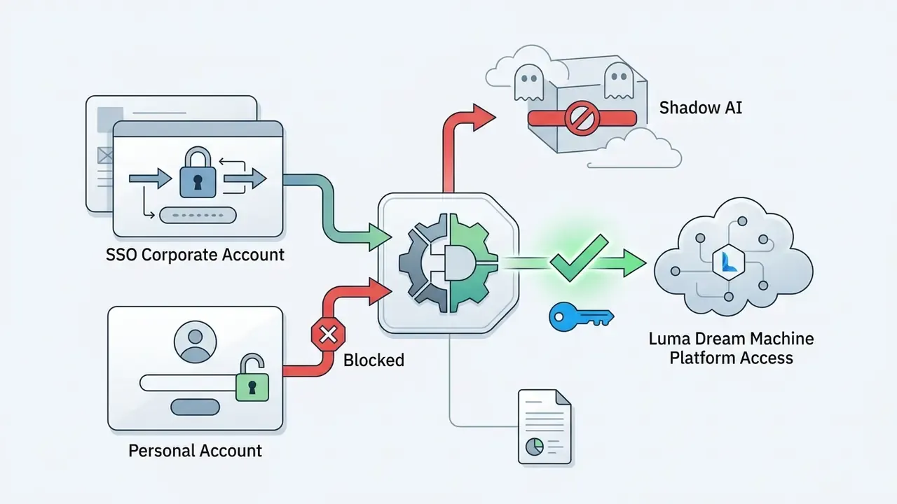 Flowchart showing corporate SSO access to Luma Dream Machine while blocking personal account usage